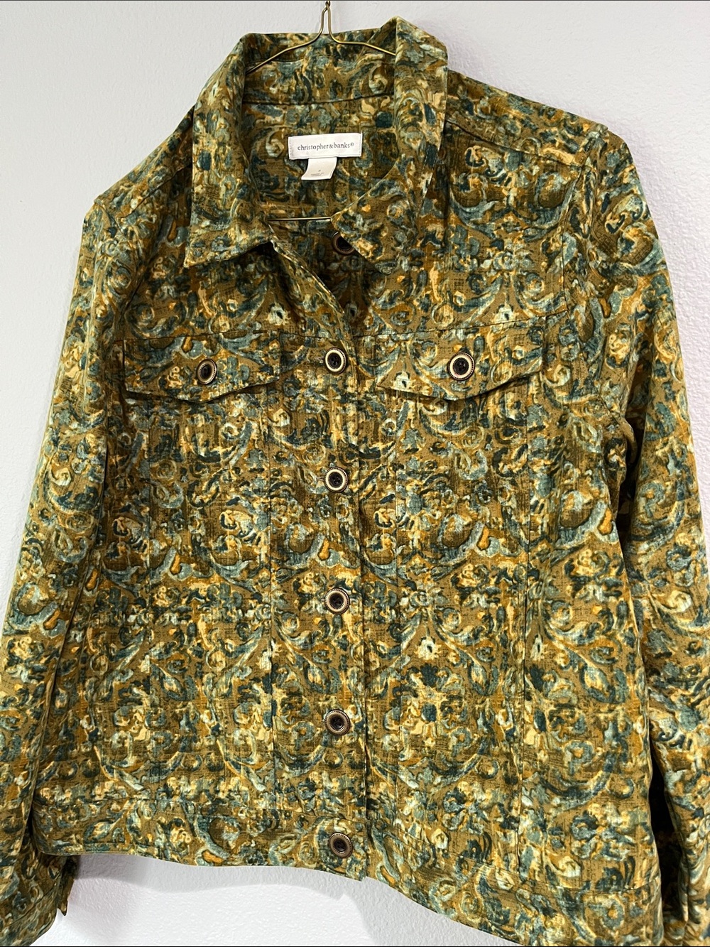 Christopher & Banks Olive and Gold Patterned Jean Jacket